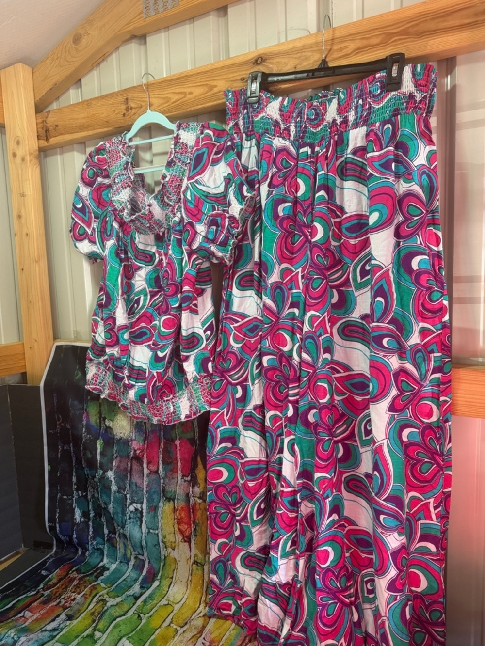 Ashley Stewart Vibrant Floral Two-Piece Set in Fuchsia, Teal & White & Green